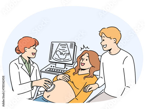 Happy pregnant couple have ultrasound in clinic. Smiling future parents on checkup with doctor in hospital. Pregnancy and parenthood. Vector illustration.
