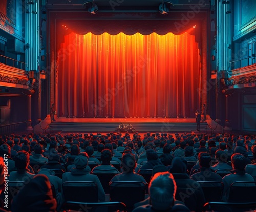 Theater with red curtain and stage full of people