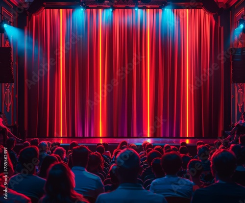 Theater with a red curtain and blue lights