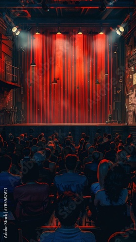 Theater with red curtain and stage full of people photo