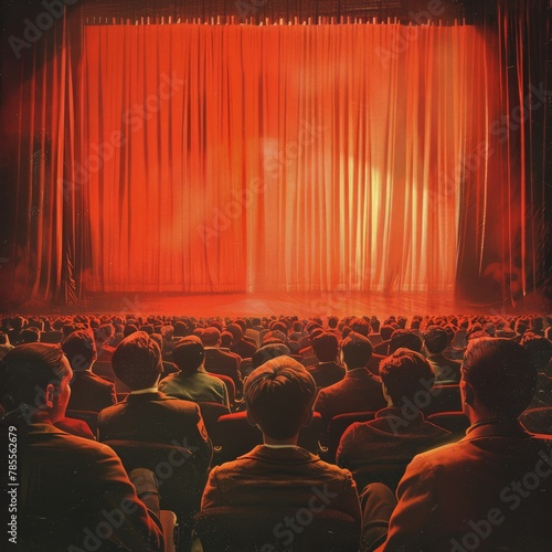 Group of people sitting in front of red curtain
