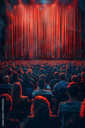 Movie theater with red curtains and stage full of people