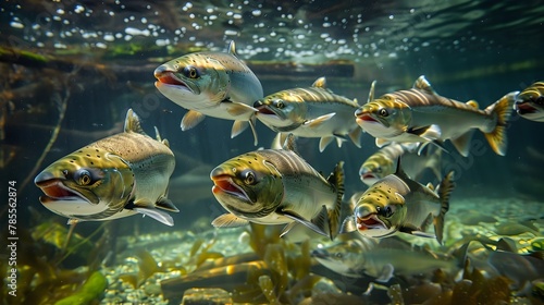 Salmon Leaping Upstream in Vibrant Underwater Scene of Determined Aquatic Life