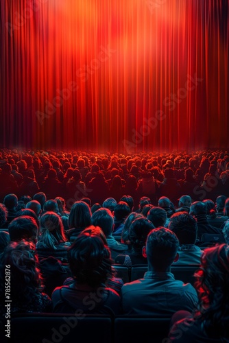 Crowded theater with red curtain and stage full of people
