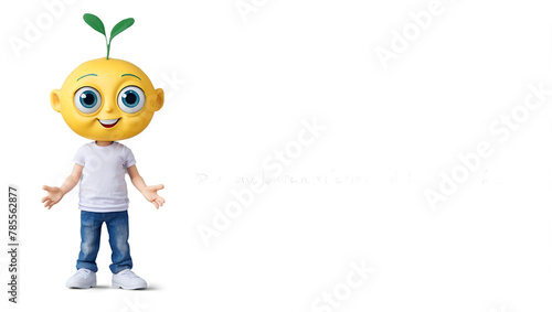A yellow lemon with human eyes looks on with a smile
