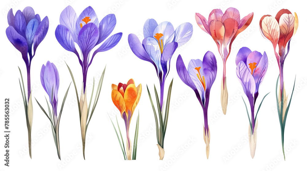 Collection of crocus flowers watercolor cutout png isolated on white or transparent background
