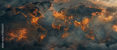 A global map depicting combat zones with military objectives where bombs, fires, and explosions take place photo