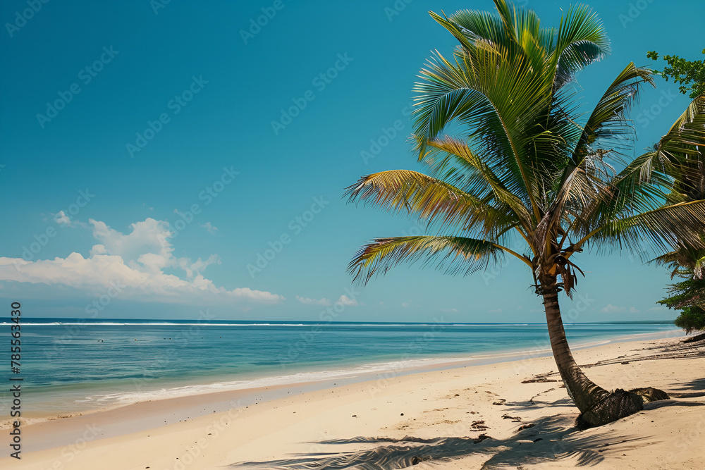 Sunny coast in Bali. Palm trees, sea, sand. Landscape view from the shore