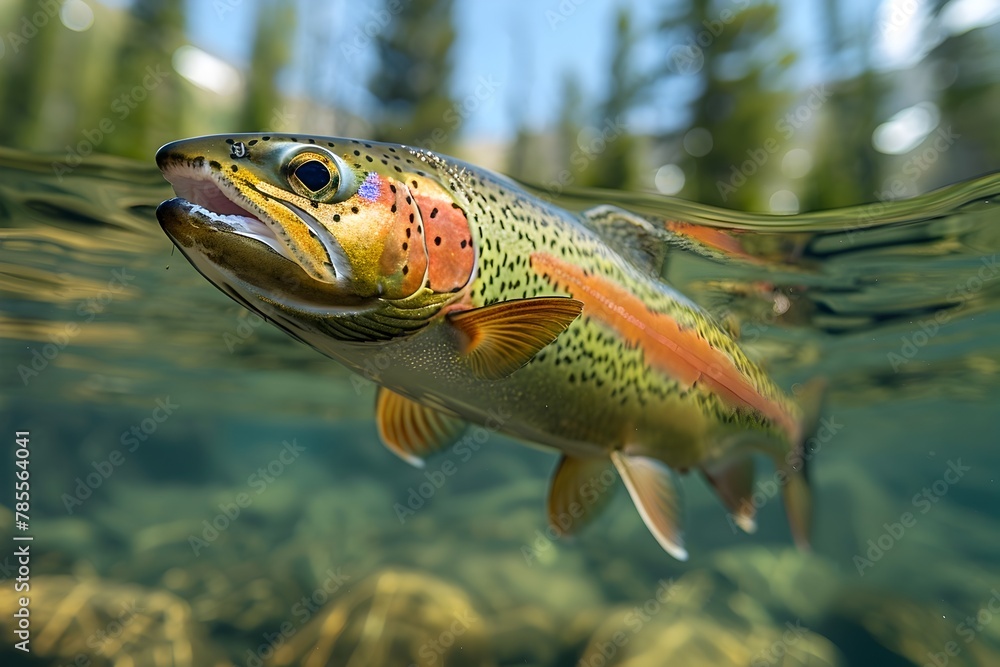 Graceful Rainbow Trout Gliding Through Clear Mountain Stream with Intricate Fins and Spots Visible Graceful Rainbow Trout Gliding Through Clear Mountain Stream with Intricate Fins and Spots Visible