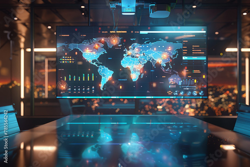 A 3D map floating in a high-tech conference room, with dynamic indicators of trade, resources, and human capital across different regions photo