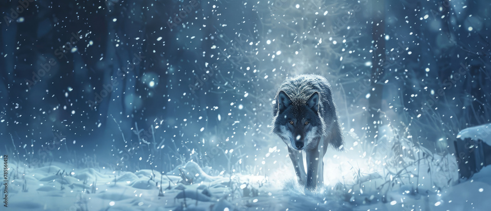A lone wolf leading its pack through a blizzard, the snowflakes glowing like tiny lanterns - obrazy, fototapety, plakaty 