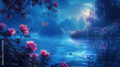 Fantasy with forest lake, amazing blooming garden of pink roses and two butterflies on blue background and moonlight shining at night