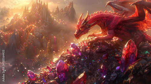 Atop a mountain of gemstones, a red dragon hoards its treasures amidst a landscape of shimmering jewels