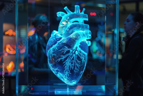 A high-resolution 3D heart model in a futuristic medical exhibit, with areas prone to APS complications illuminated in pulsating blue photo