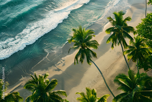 Sunny coast in Bali. Palm trees, sea, sand. Bird's eye view