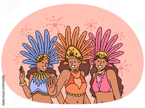 Women in colorful costumes dancing on carnival. Smiling girls in traditional clothes have fun enjoy festival or masquerade. Vector illustration.