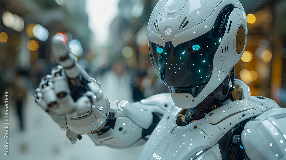 A friendly nice white robot, pointing with his index finger in the direction to follow. Robot showing the way A friendly nice white robot, pointing with his index finger in the direction to follow. Robot showing the way