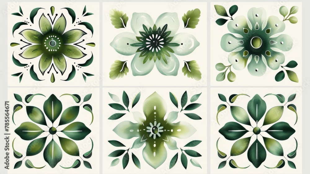Green and white flowers on white background