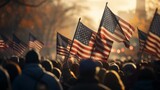 cold tones, Background blur of crowd at political rally in the United States holding signs and carrying US flags. Great image for upcoming election cycle in 2024 presidential campaigns. Copy space