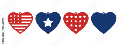 4th of July patriotic heart shaped design for earrings, pendant or keychain. Jewelry silhouette cut template. Laser cutting with leather, wood or metal. Vector illustration file