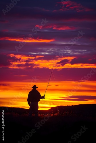 Dramatic Silhouette of Fisherman Casting Line Against Vibrant Sunset Sky © vanilnilnilla