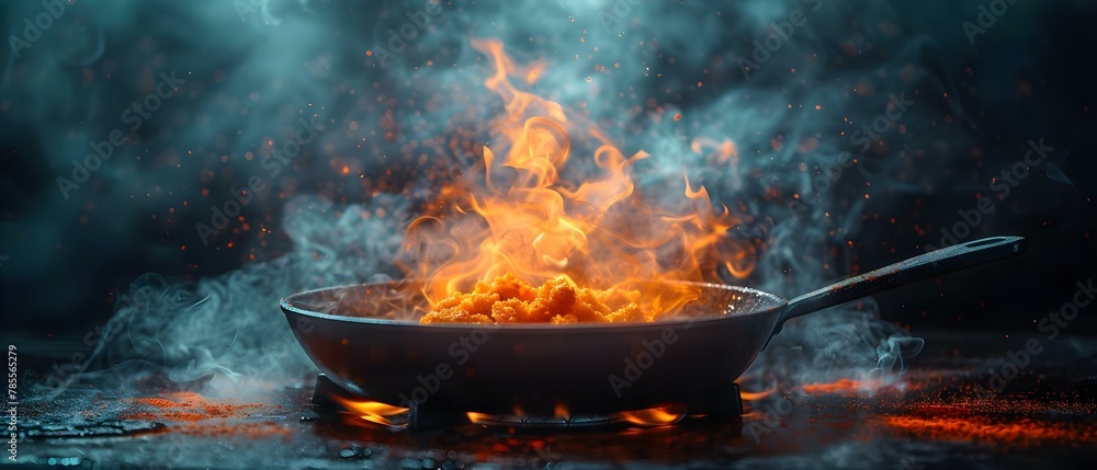 Fierce Flames in a Sizzling Skillet. Concept Cooking, Culinary Skills, Fire Safety, Recipe Development, Kitchen Techniques