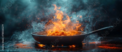 Fierce Flames in a Sizzling Skillet. Concept Cooking, Culinary Skills, Fire Safety, Recipe Development, Kitchen Techniques