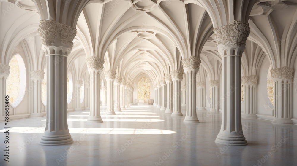 A harmonious blend of white arches and towering columns beneath a meticulously crafted vaulted ceiling, all presented in stunning 4k