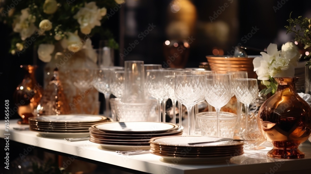 Close-up of a wedding reception buffet table set elegantly with dishware and fine linens, waiting for guests, presented in detailed 4k