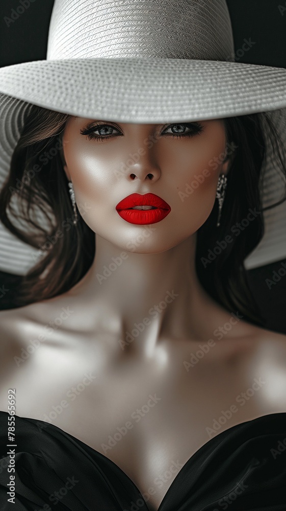 Beautiful Woman with Red Lips and a White Hat. A stylish woman wearing an elegant evening gown over black. Beautiful Woman with Red Lips and a White Hat. A stylish woman wearing an elegant evening gown over black.