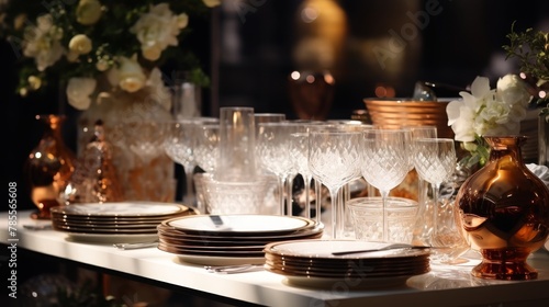 Close-up of a wedding reception buffet table set elegantly with dishware and fine linens  waiting for guests  presented in detailed 4k