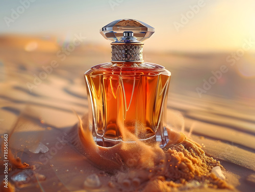 A gold and glass perfume bottle sits on a sandy beach with the ocean in the background. 