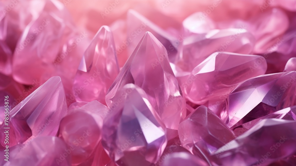 Vibrant pink abstract setting featuring delicate crystals and smooth stones, a perfect backdrop for crystal spa treatments and healing practices in 4k