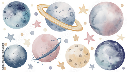 Set with watercolor Planets foe baby design in pastel blue and pink colors. Illustration with moon and stars in a Space for childish design. Astrological round elements for kids greeting cards.