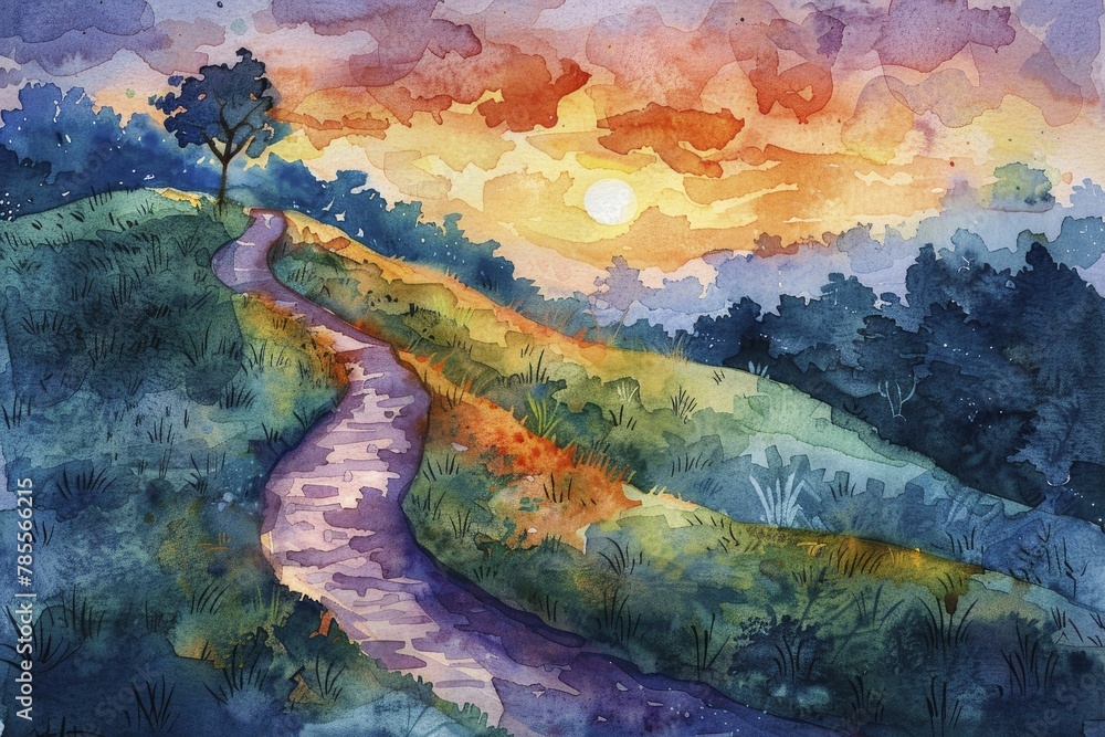 A winding road on a lush hillside leads to new opportunities at sunrise in the background, captured in a watercolor painting.
