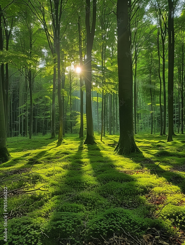 Obraz premium Sun shining through trees in forest