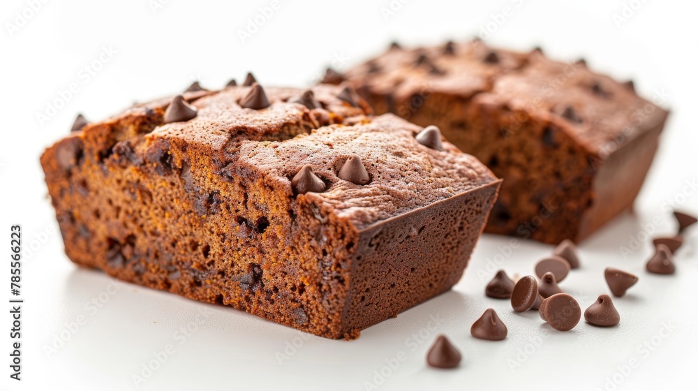 Chocolate chip loaf cake on a white background. Close-up of a homemade dessert with visible chocolate morsels, perfect for a bakery menu or recipe site. Chocolate chip loaf cake on a white background. Close-up of a homemade dessert with visible chocolate morsels, perfect for a bakery menu or recipe site.