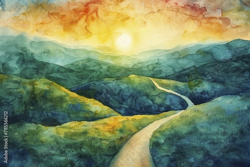 A picturesque journey awaits along the winding business path on a hillside, with sunrise offering new opportunities, in a watercolor scene.