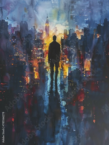 Businessman with a shadow of a superhero, concept of hidden potential, dynamic cityscape at twilight, watercolor painting.