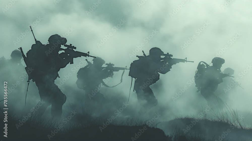 Military fighting scenario with silhouettes against a backdrop of war fog - obrazy, fototapety, plakaty 