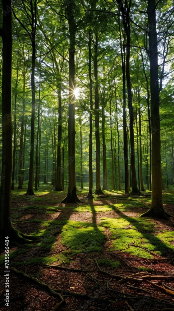 Sun shining through trees in forest Sun shining through trees in forest