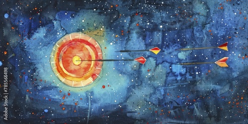 Conceptual darts thrown at a nebulous, starry target, night sky, representation of aiming for high, distant goals, watercolor painting.