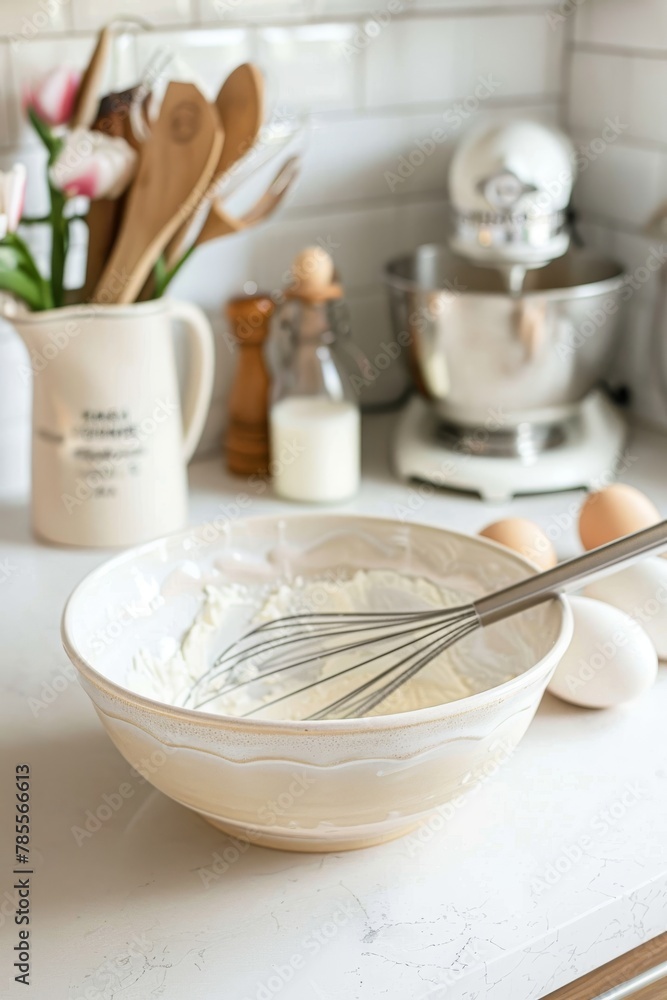 Clear bowl with pancake mix and whisk on a kitchen counter with baking tools in background. Home baking and culinary arts scene. Clear bowl with pancake mix and whisk on a kitchen counter with baking tools in background. Home baking and culinary arts scene.