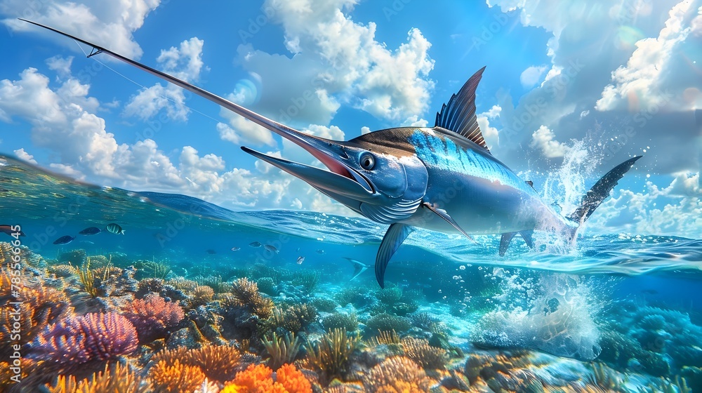 Majestic Marlin Leaping from Turquoise Waters Amidst Vibrant Coral Reef in the Florida Keys Majestic Marlin Leaping from Turquoise Waters Amidst Vibrant Coral Reef in the Florida Keys