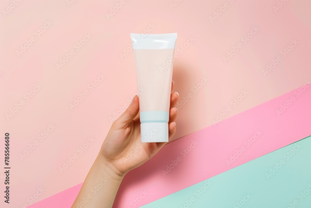 Hand holding blank skincare tube on pink and turquoise split background. Product mockup with vibrant colors. Cosmetics branding and advertising concept with copy space. Hand holding blank skincare tube on pink and turquoise split background. Product mockup with vibrant colors. Cosmetics branding and advertising concept with copy space.