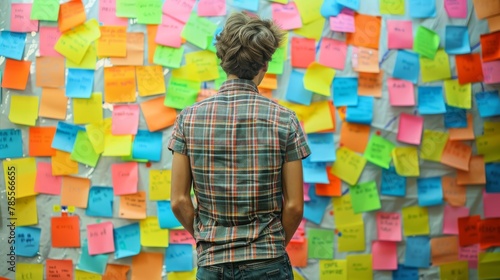 Person pondering in front of a colorful array of sticky notes. Conceptual image of brainstorming and creativity. Decision making and planning concept