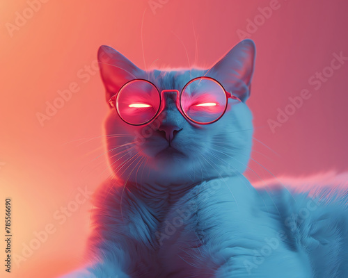A futuristiclooking cat with laser eyes making a witty pun in front of a minimalist allwhite backdrop photo