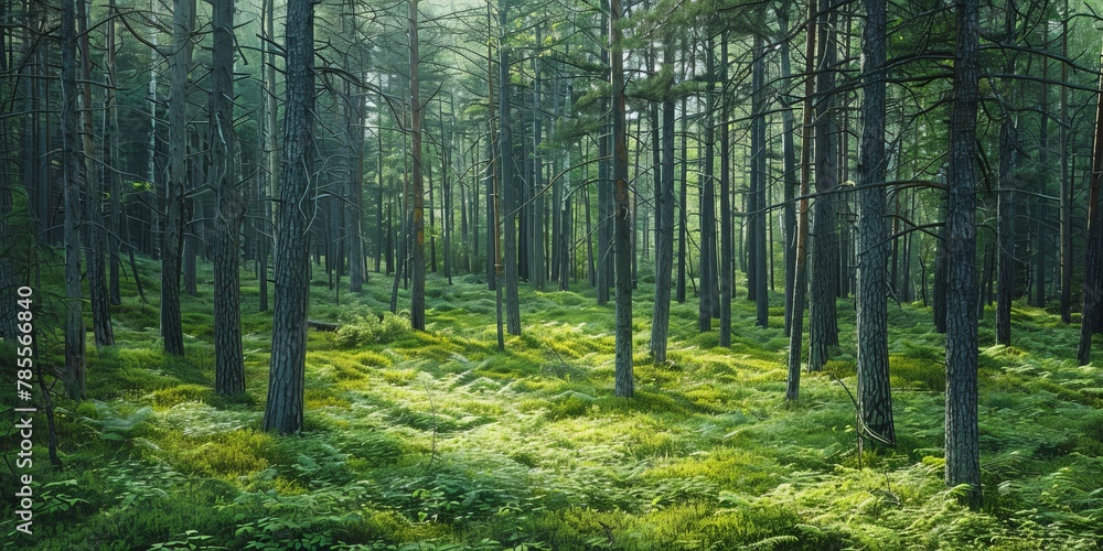 Fototapeta premium Dense green forest teeming with trees