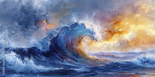 Market agility showcased through dynamic waves of stocks and bonds, creating a stormy ocean scene in a watercolor masterpiece.