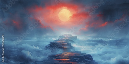 In the watercolor painting, the endless staircase disappears into the early morning fog, embodying ambitious career aspirations. photo